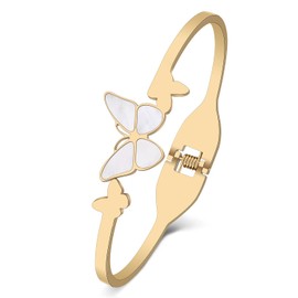 RAIDIN Gold Bangle Bracelet for Women Girls 18K Gold Plated Stainless Steel Dainty Rhinestone Crystal Shell Accents Butterfly Cuff Bracelets Fashion Jewelry Gifts for Mom (Gold-074)