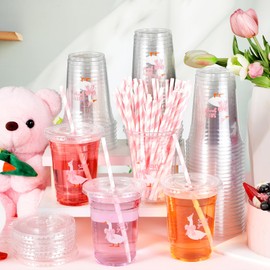 Qinyoung 50 Pcs Silly Goose Birthday Party Disposable Plastic Cups with Lids and Straws 16oz Cute Cold Beverage Drinking Cups for Baby Showers One Silly Goose Party Supplies Decorations (Pink)