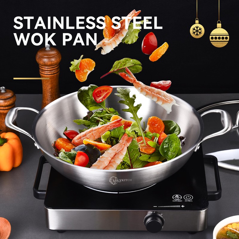 LOLYKITCH 14.5 Inch Tri-Ply Stainless Steel Chef's Wok Pan,Deep Stir-Fry