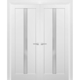 SARTODOORS French Double Panel Lite Doors with Hardware | Quadro 4112 White Silk with Frosted Opaque Glass | Sample of Color