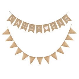 Juland Candy Bar Garland and White Hearts Decorative Banner Snackable Garland Linen Bunting Vintage Photo Booth Props Swallowtail Flag Bunting Linen Jute Fabric Bunting Banner 2 Packs