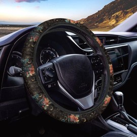 Guevoxuh Steering Wheel Cover Vintage Horse Hibiscus Flower Pattern Full Surround Auto Steering Wheel Protector with a Diameter of 15" Steering Wheels Accessories for Car SUV Van Truck