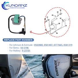 (2-Pack)502880 18-5196 Ignition Coil Assembly for Johnson Evinrude OMC 581407 777665 581319 Sierra 9.9 15 40 Hp Outboard 9.9hp 15 Hp 40hp 0502880 0581407 0777665 0581319 1974-1975-1976 Mallory 9-23101
