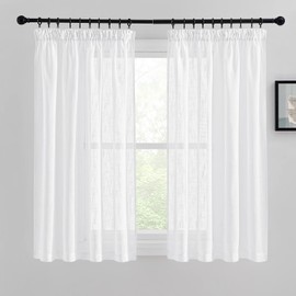 Pony Dance Net Kitchen Curtains, Modern White Curtains with Ruffle Tape, Linen-look Curtains, White, Semi-Transparent Bistro Curtains, Set of 2, H 137 x W 140 cm