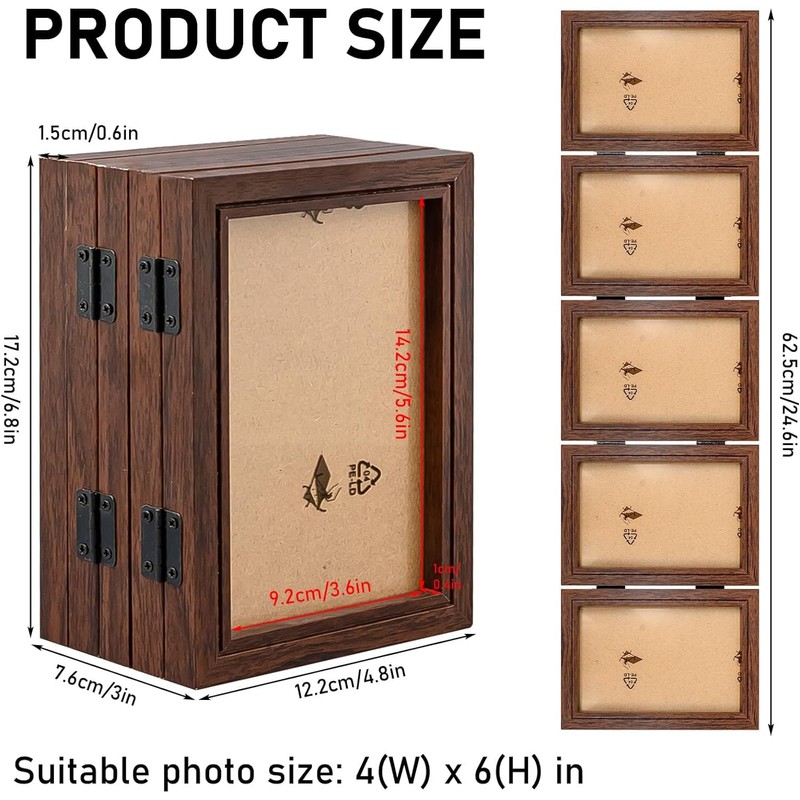 5-folding Hinged Picture Frames, 4x6 Inch High Definition Natural Wood