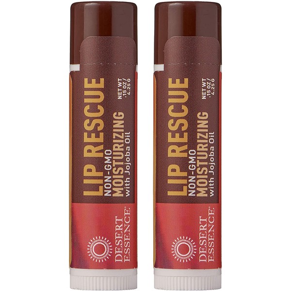 Desert Essence Lip Rescue Moisturizing with Jojoba Oil - 0.15 Ounce - Pack of 2 - Softens, Smooths, Hydrates Lips - Relieves Dry, Cracked Lips - Aloe Vera - Beeswax - Cold Sores - Vitamin E