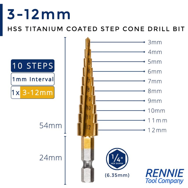 RENNIE TOOLS - 3 Piece Large HSS Step Cone Drill