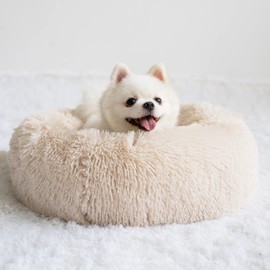 Epochtech Pet Bed for Cats, Puppies, and Dogs, Pet Cushion, Fluffy, Round, Warm, Non-Slip, Cold Protection, Washable, Available in Different Sizes/Colors, 19.7" (50 cm), Light Brown, Removable Cover