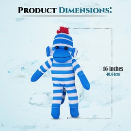 Plushland Adorable Sock Monkey, The Original Traditional Hand Knitted Stuffed Animal Toy Gift-for Kids, Babies, Teens, Girls and Boys Baby Doll Present Puppet (16'' Blue)
