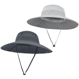 2 Pack Outdoor UV Protection Wide Brim Sun Hat,UPF50+ Fishing Hat for Men & Women with Large Neck Flap (Dark Grey＆Light Grey)