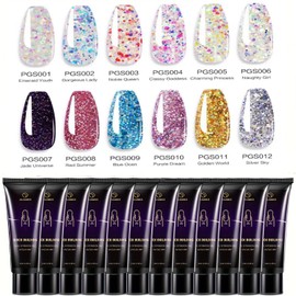 15ml 12 Colors JUJUNICE Poly Gel,Quickly Building Nail Extension Gel UV/LED DRY,Nail Extension Enhancement Gel for Beginner & Professional Nail Art Salon DIY at Home (12-color glitter Set)