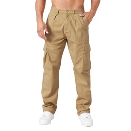 THWEI Cargo Pants for Men Casual Cotton Lightweight Relaxed Fit Stretch Elastic Waist Work Pants Khaki M