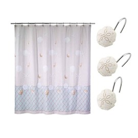 Avanti Linens- Shower Set, Fabric Shower Curtain & 12pc Curtain Hooks, Sea Inspired Bathroom Essentials (Seaglass Collection)
