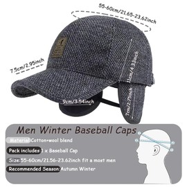 iNelihoo Mens Winter Thick Warm Baseball Cap with Ear Flaps Classic Tweed Peaked Hats Plain Visor Dad Hat with Foldable Ear Warmer Outdoor Sport Hat Windproof Hunting Trapper Hat