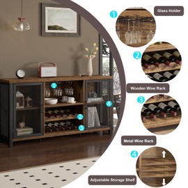 Launica Industrial Coffee Bar Cabinet, Wine Bar Cabinet for Liquor and Glasses, Liquor Cabinet with wine Rack Storage, Wood Metal Sideboard Buffet Cabinet for Home Kitchen Dining, Rustic Brown 55 Inch