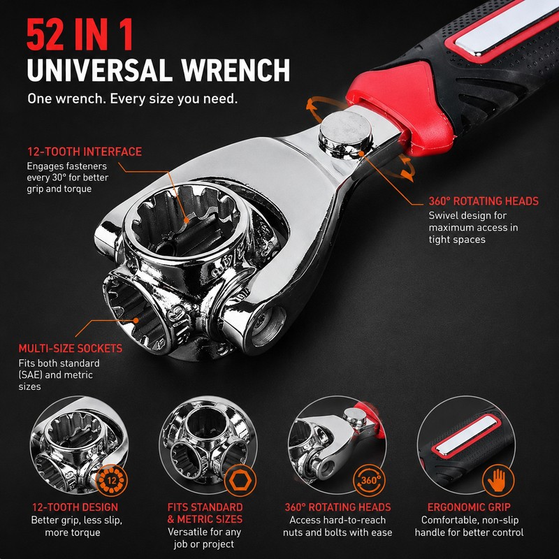 Universal Multi-Function Wrench for Home Repairs – 52-in-1 Double-Ended Socket