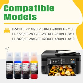 Artitech T522 Ink Bottle Replacement for Epson 522 T 522 use for Epson EcoTank ET-1110 ET-2710 ET-2800 ET-2720 ET-4700 ET-4800 ET-4810 Printers (1B 1C 1M 1Y)