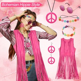 Hippie Costume Women's Vest Pink 5 Pieces Boho Retro Hippie Clothing Women's Accessories 60s 70s Clothing Women's Disco Carnival Cowgirl Costume Women's Hippie Top Fringe Vest Woman Fancy Dress L