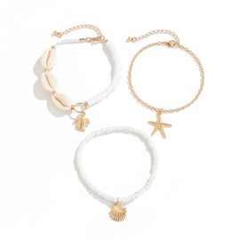 Asphinien Bohemian Beaded Anklets Set Multilayered Shell Charm Pendant Foot Chain Boho Summer Beach Turquoise Conch Turtle Starfish Elastic Stackable Foot Jewelry for Women (White)