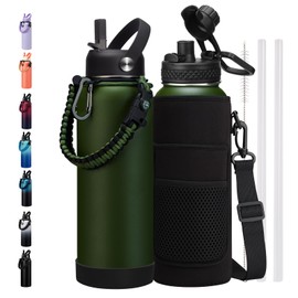 40 oz Canteen Water Bottle with Strap Tactical Insulated Jug Hot Cold Stainless Steel Military Metal Hydro Ideal for Men Hunting Survival Hiking Camping Wide Mouth 100% Leak Proof
