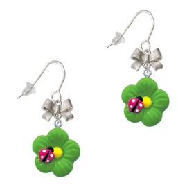 Delight Jewelry Resin Lime Green Daisy Flower with Hot Pink Ladybug Silvertone Bow French Earrings