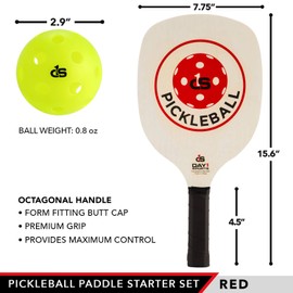Pickleball Paddle Starter Set with 2 Red Paddles, Carry Bag, 4 Indoor Pickle Balls by Day 1 Sports - Beginner and Recreational Pickleball Kit with Lightweight, Wooden Rackets and Accessories