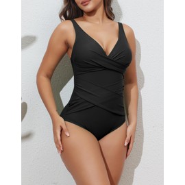 LONTANO One Piece Bathing Suit for Women Ruched Swimsuits for Women Tummy Control Swimming Suits for Women Black