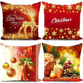 HUASHUZI Christmas Cushion Cover 40 x 40 cm Red Christmas Decoration Christmas Cushion Cover Christmas Decorations Xmas Cushion Covers Pillow Winter Cushion Decoration Set of 4 Sofa