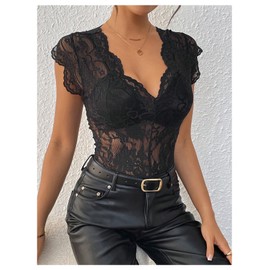 MakeMeChic Women's Floral Lace Sheer Bodysuit Deep V Neck Cap Sleeve Scallop Leotard Tops Lace Black Medium