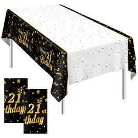 Ruisita 2 Pack Black Gold Table Cloth Cover Happy 21st Birthday Tablecloth Party Tablecloths Rectangular Table Cloth Cover for Indoor or Outdoor Parties Birthdays