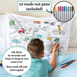 eatsleepdoodle 30x20in White Cotton Pillowcase with 10 Pack Washable Markers for Kids - Cars & Trucks Coloring Activity