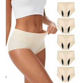 YESWEL Incontinence Underwear For Women, Reusable Washable Leak-proof Lightweight Briefs for Postpartum, Bladder Leak, 5 Pack (Beige, Small)