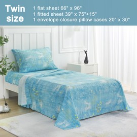 JSD Blue Floral Print Sheet Set Twin Size, 3 Piece Soft Botanical Microfiber Sheets Extra Deep Pocket Wrinkle Free