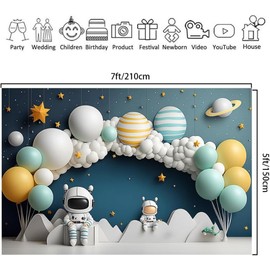 Astronaut Outer Space Theme Backdrop for Boy 1st Birthday Party Baby Shower Portrait Photo Background Studio Props (7x5ft)