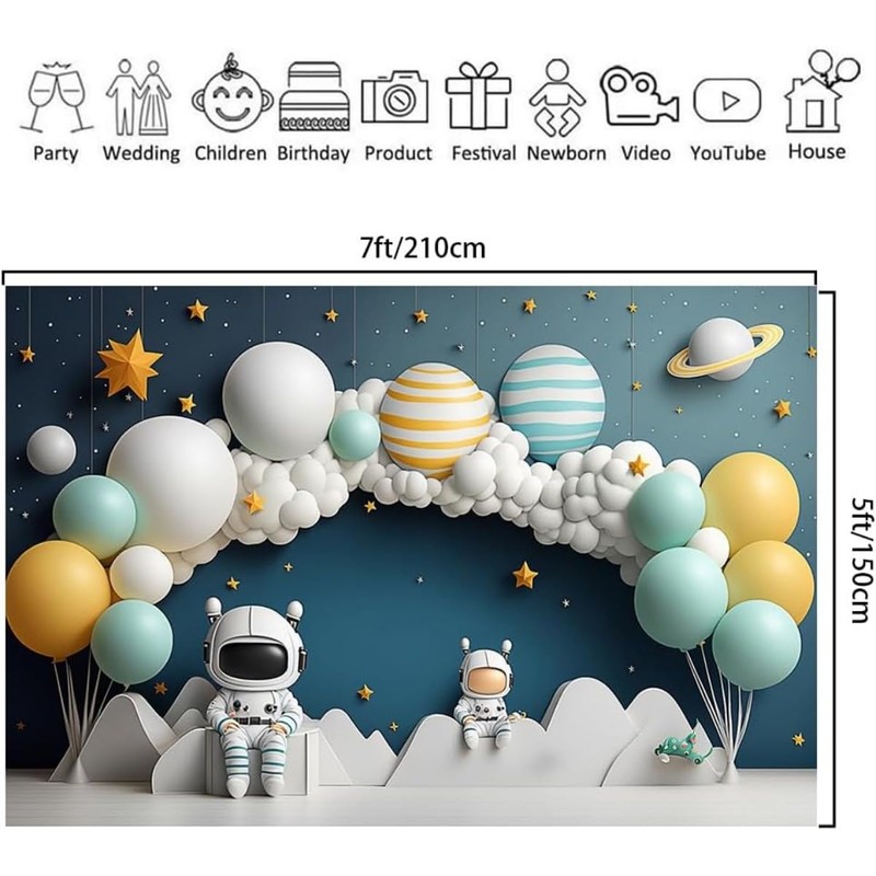 Astronaut Outer Space Theme Backdrop for Boy 1st Birthday Party