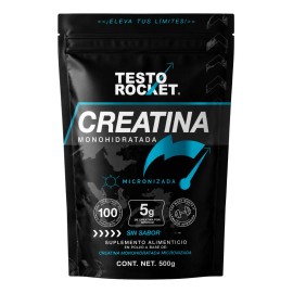 Creatina Monohidratada y Micronizada Polvo 100% Alta Pureza Certificada Pre Entreno Gym workout Disuelve Rápido, incluye Scoop Dosificador Vitaminas Hombre Testo Rocket 100 Servicios - 500g