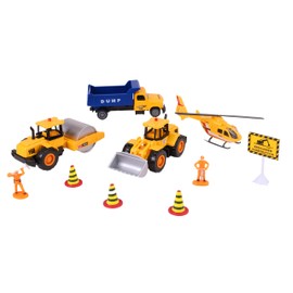 10 Piece Construction Zone Toy Vehicle Playset - Boys Toys - Includes Dump Truck, Tractor, Road Roller, Helicopter & Figures