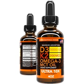 Super Natural Goods Vitamin D3 K2 Liquid Drops 5000 IU (4oz) Maximum Strength Vitamin D, K, MCT Oil & Omega 3 Bone, Heart, Joint, Muscle Support Supplement. Fast Absorption Formula. 4 in 1 Complex Formula Non-GMO