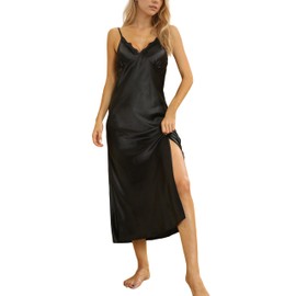 ALCEA ROSEA Women's Nightgown Satin Slip Long Dress Criss-Cross Backless Sleepdress Silky Chemise Long Nighty (Black073X,Small)