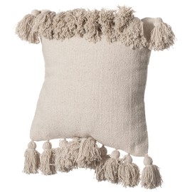Deerlux 16" Handwoven Cotton Throw Pillow Cover with Side Fringed Tassels, Natural