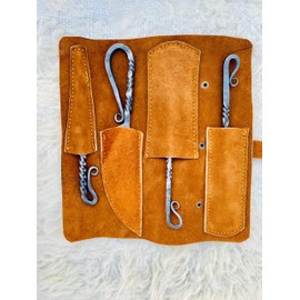 Generic Hand Forged Black Silverware Set With Leather Cover- Medieval 4 Pcs Kitchen Utensils Set, Viking Cutlery Set Knife Spoons And Forks Set- Dinnerware Sets, Kitchen Utensils And Flatware Set