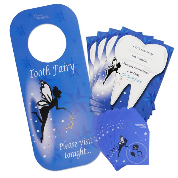 Tooth Fairy Gift Set ~ 8 Envelopes, 4 Certificates & 1 Door Hanger (Blue)