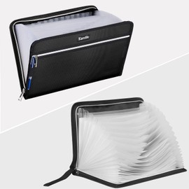 Tamfile Fireproof Waterproof Safe Expanding File Folder Accordion Document Organizer with 24 Pockets Portable Money File Bag Filing Holder and Lables/3Zippers A4 Letter Size (Black,14.3" 9.8")