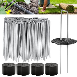 200PCS Garden Stakes Landscape Staples Set, 6 Inch Landscape Fabric Staples with Gasket, 11 Gauge Heavy Duty Galvanized Garden Ground Pins for Weed Barrier, Plant Covers, Irrigation Tubing