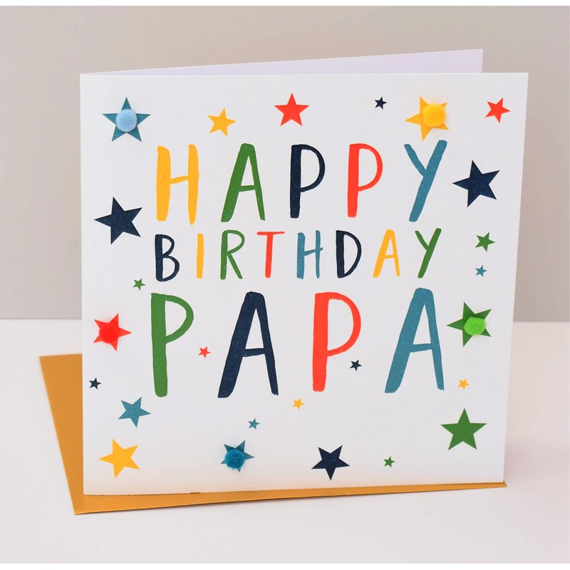Birthday Card, Stars, Happy Birthday, Papa, Embellished with Colourful Pompoms