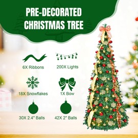 JOYHALO 7ft Decorated Pop Up Christmas Tree with Lights 200 Warm White, Folding Christmas Tree Collapsible, Portable Christmas Tree for Home, Office, Apartment Xmas Holiday Party Decor, Golden