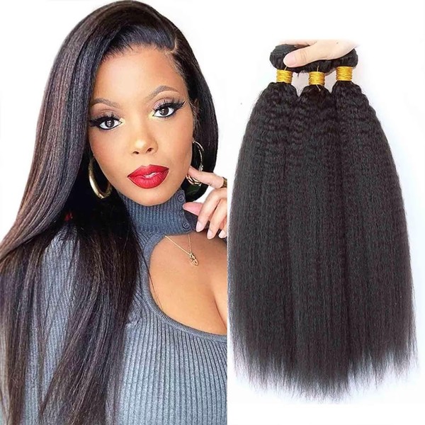 Brazilian Hair Bundle, Kinky Straight Human Hair, 3 Bundles, Brazilian Hair Bundles, Real Hair, Yaki Straight Human Hair, 100% Unprocessed Virgin Human Hair Extension, Natural Colour, 14 16 18 Inches