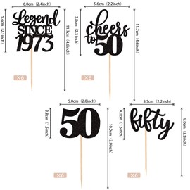 36 piezas de decoración para cupcakes de 50 cumpleaños con purpurina, 50 leyendas desde 1972 Cheers to 50 palillos de cupcakes, 50 cumpleaños, aniversario, decoración de tartas