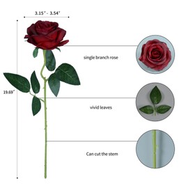 DH EYB 12pcs Wine Red Rose Artificial Flowers, Fake Roses Silk Rose Flower 50cm Faux Roses with Stems Blossom Bridal Rose Bouquet for Wedding Home Party Valentines Day Gift (Wine Red)