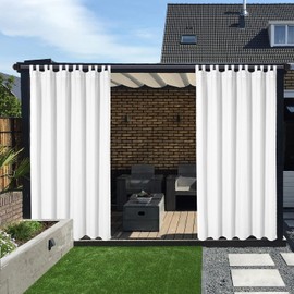 LORDTEX Waterproof Indoor/Outdoor Curtains for Patio - Thermal Insulated, Sun Blocking Detachable Sticky Tab Top Blackout Curtains for Bedroom, Porch, Pergola, 100 x 84 inch, 2 Panels, White